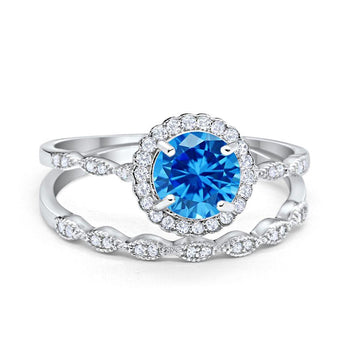 Two Piece Engagement Ring Round Simulated Blue Topaz CZ 925 Sterling Silver